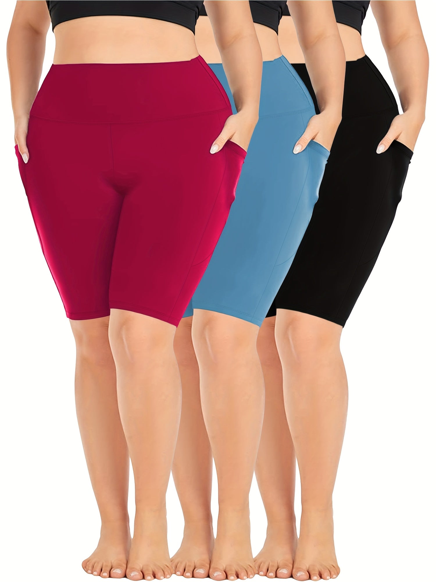 Ayollar uchun yoga shortlari polyester elastan, to'liq qora, 3-to'plam, elastik, shaffofsiz bo'lmagan