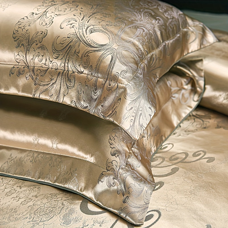 3-Piece Satin Jacquard Bedding Set with Duvet Cover and Pillowcases Golden Contemporary Bedroom Guest Room