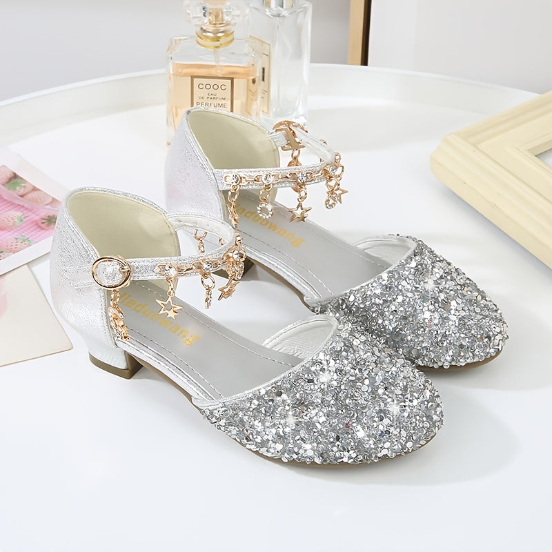 Girls' Sparkling Glitter Princess Shoes with Flower Embellishments for Performance and Fashion