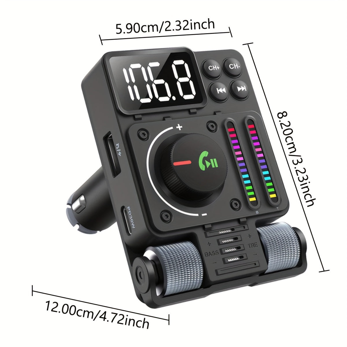 Wireless FM Transmitter for Car, Adjustable Treble and Bass, 30W Fast Charging