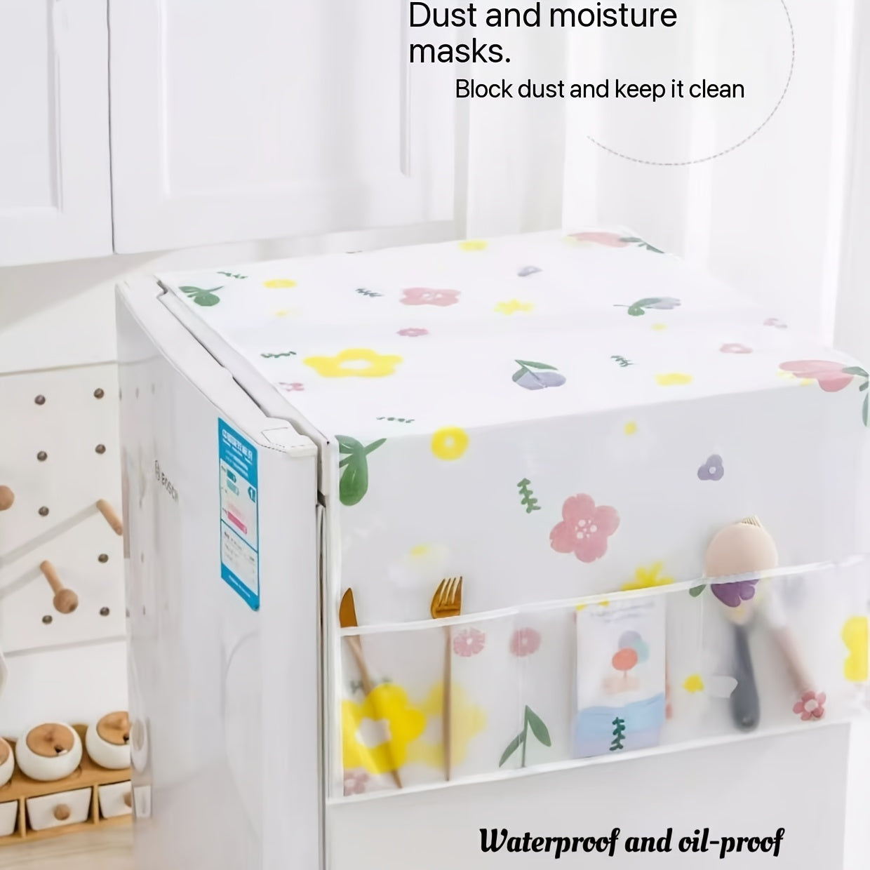 Funda de polvo floral para nevera con bolsillos de almacenamiento para neveras de una y doble puerta, bolsa organizadora de plástico para utensilios, decoración de cocina