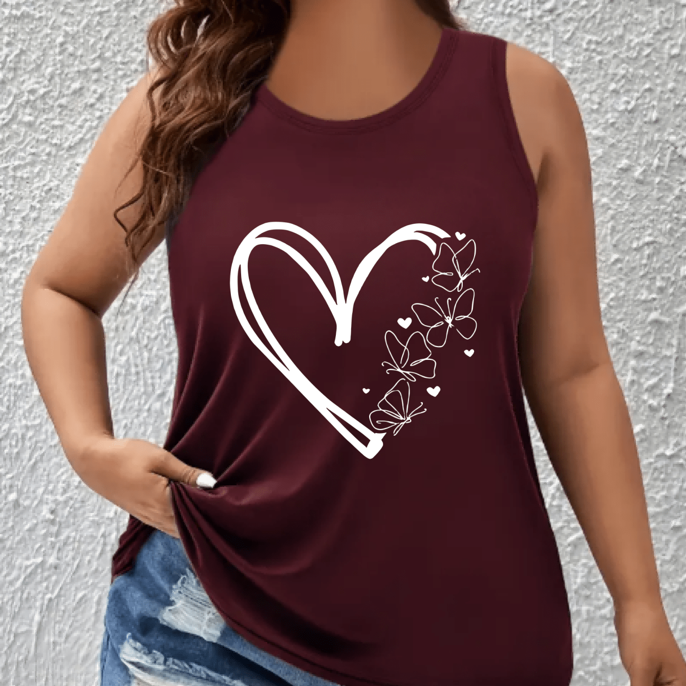 Plus Size Womens Navy Blue Tank Top with Heart and Butterfly Design Sleeveless Activewear