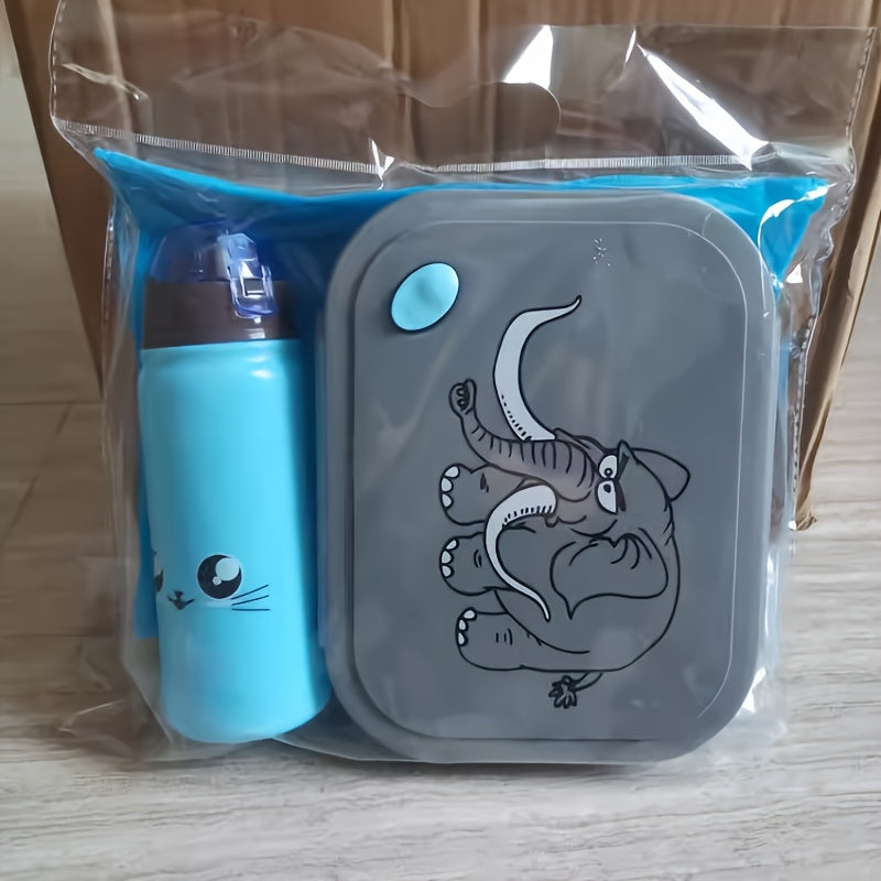 Cartoon Elephant Lunch Box Set with Water Bottle and Spoon Plastic Rectangle Shape