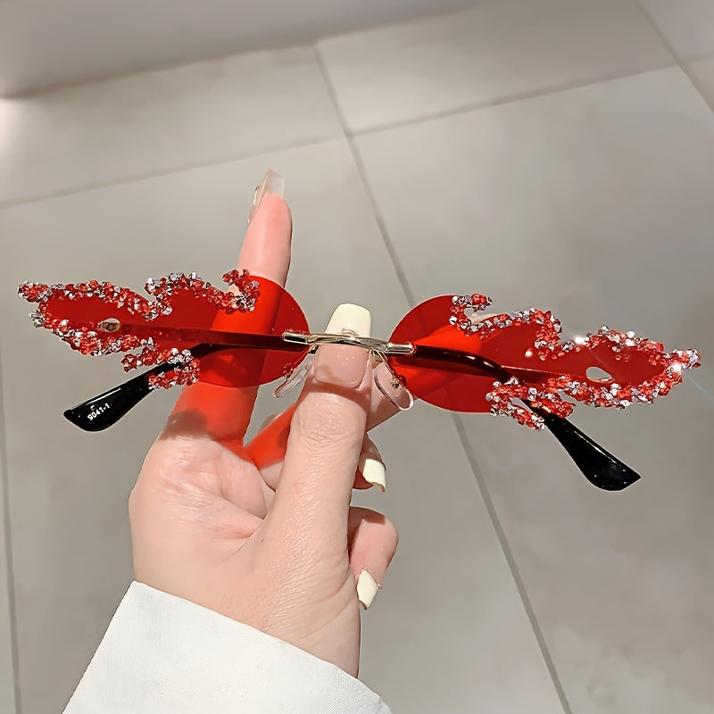 Women's Fire Flame Rimless Sunglasses with Rhinestones for Parties and Clubwear