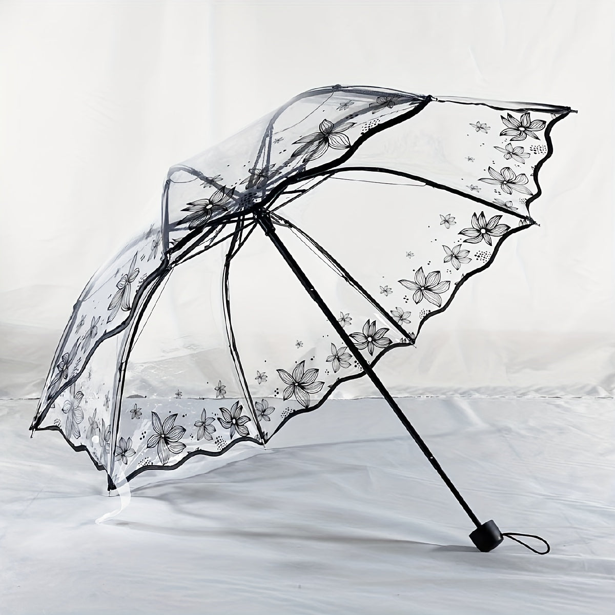 Transparent PVC Tri-Fold Butterfly Rose Umbrella with Arched Handle