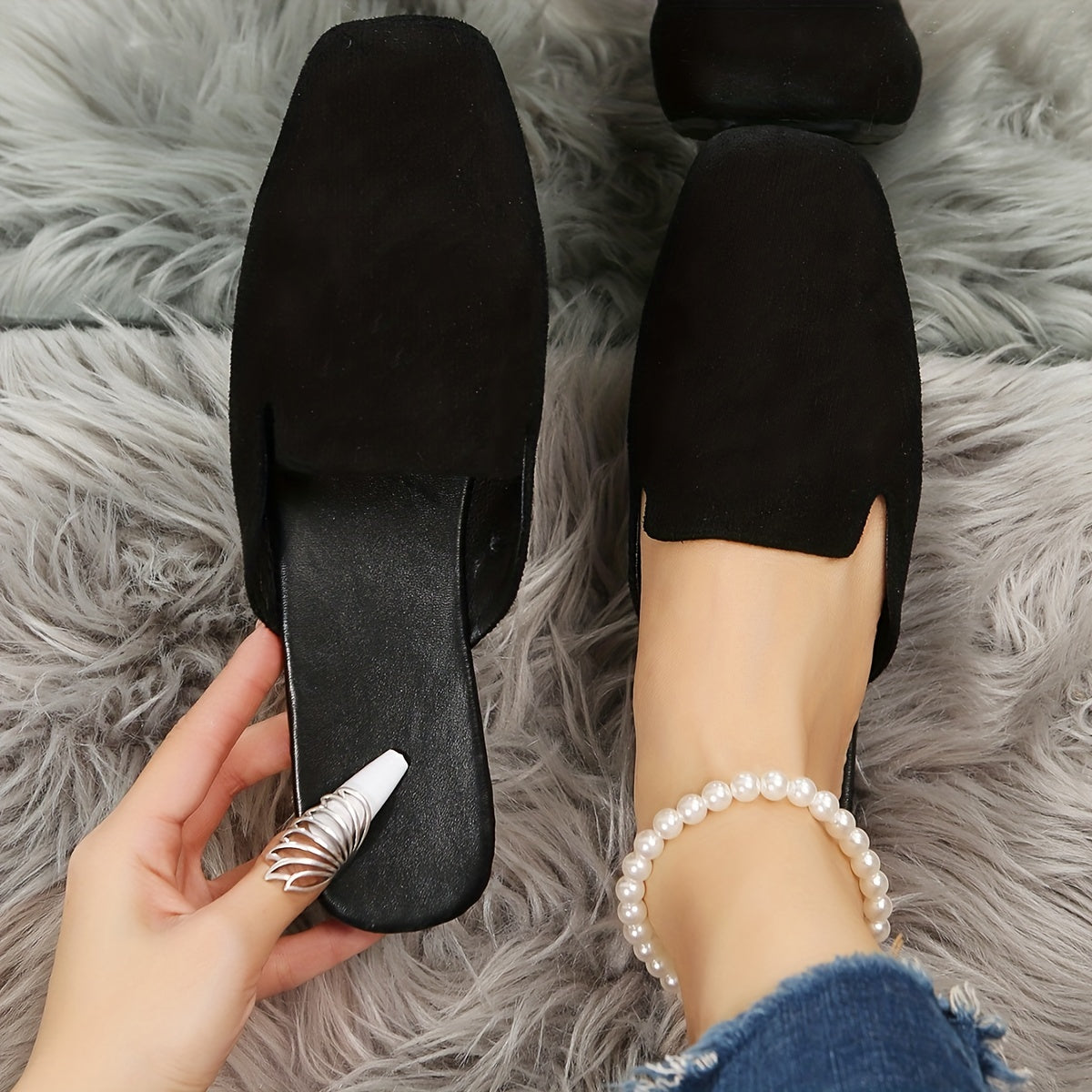 Women's Black Cover Slip-On Mules Flat Shoes with Rubber Sole