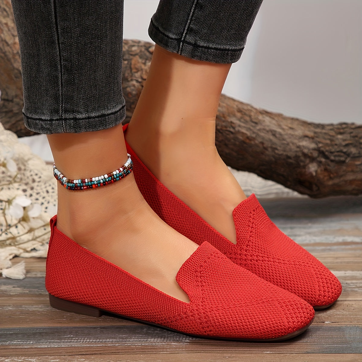 Women's Square Toe Slip-On Flats Breathable Fabric Casual Shoes