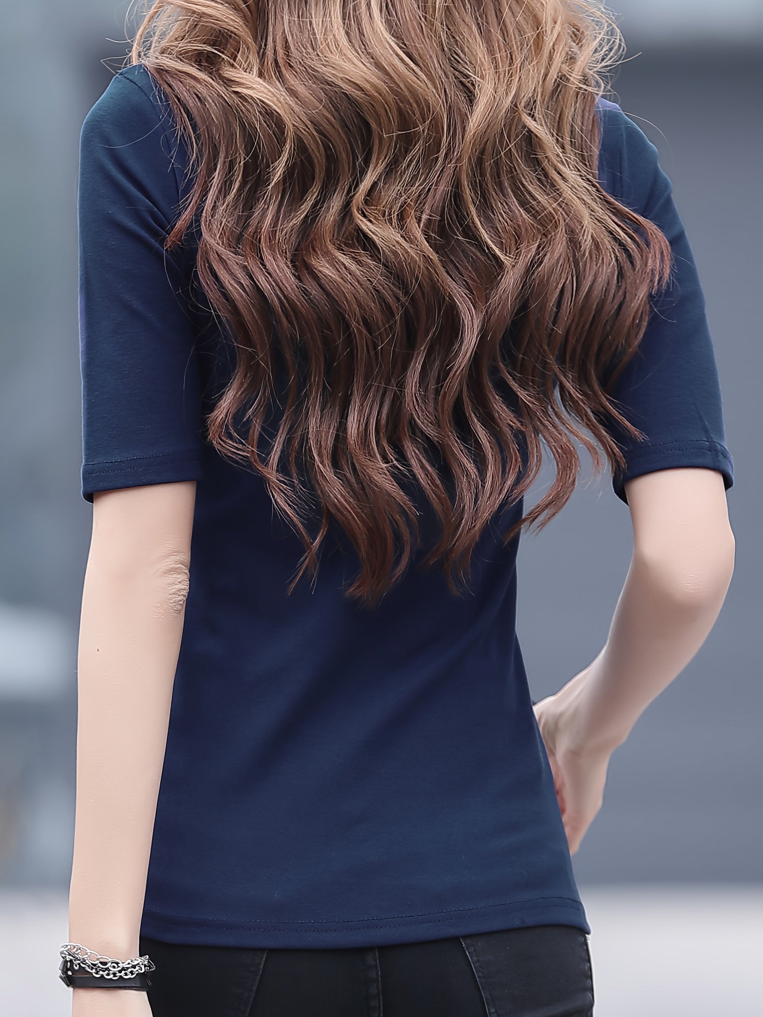 Women's High Neck Solid Color Polyester Knit T-Shirt Regular Fit for Spring Fall