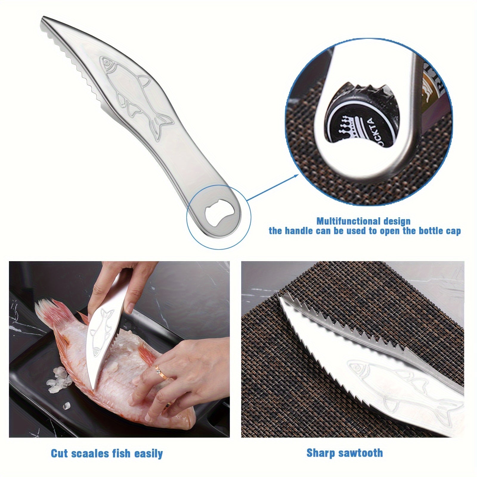 Set of 5 Fish Scaler Remover Tools Stainless Steel Sawtooth Bottle Opener Scraper