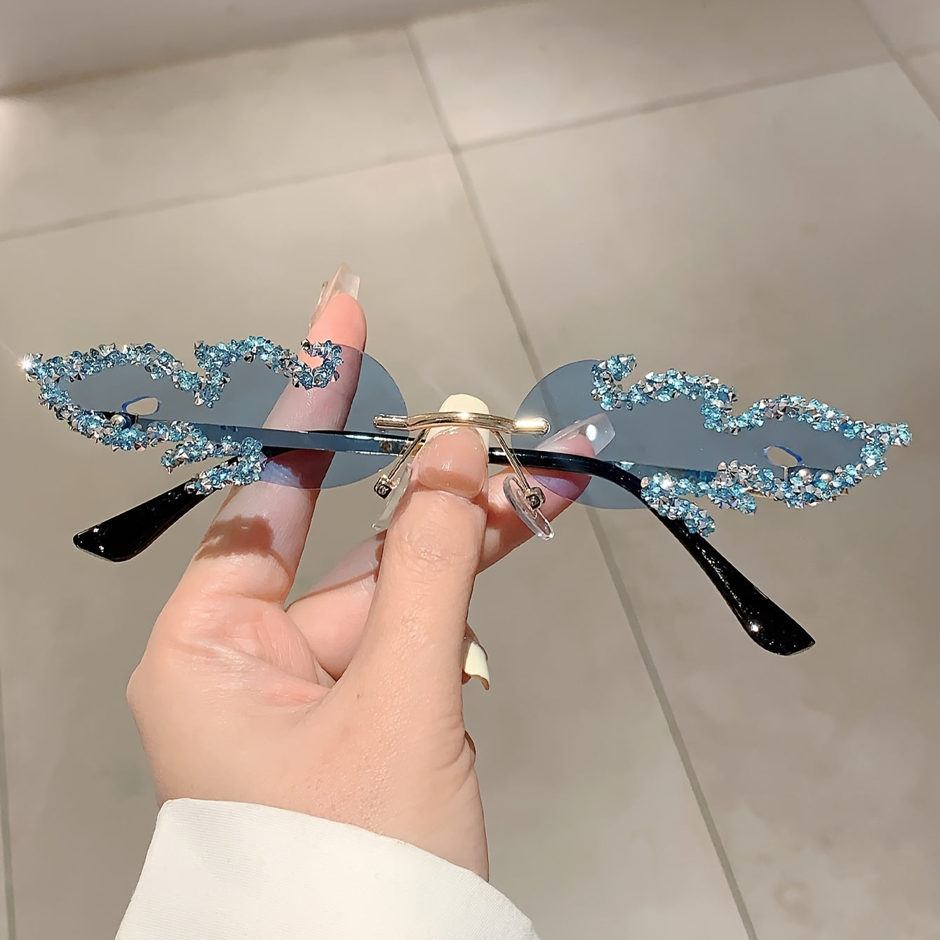 Women's Fire Flame Rimless Sunglasses with Rhinestones for Parties and Clubwear