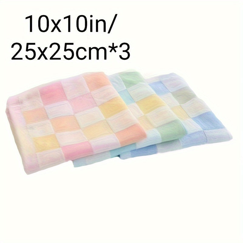 Три хлопковые марлевые полотенца в клетчатом дизайне, изготовленные из 100% легкой трикотажной ткани с современным мультяшным мотивом. Каждое полотенце имеет размер 25,4x25,4 см и плотность 30 г/м². Рекомендуется ручная стирка.