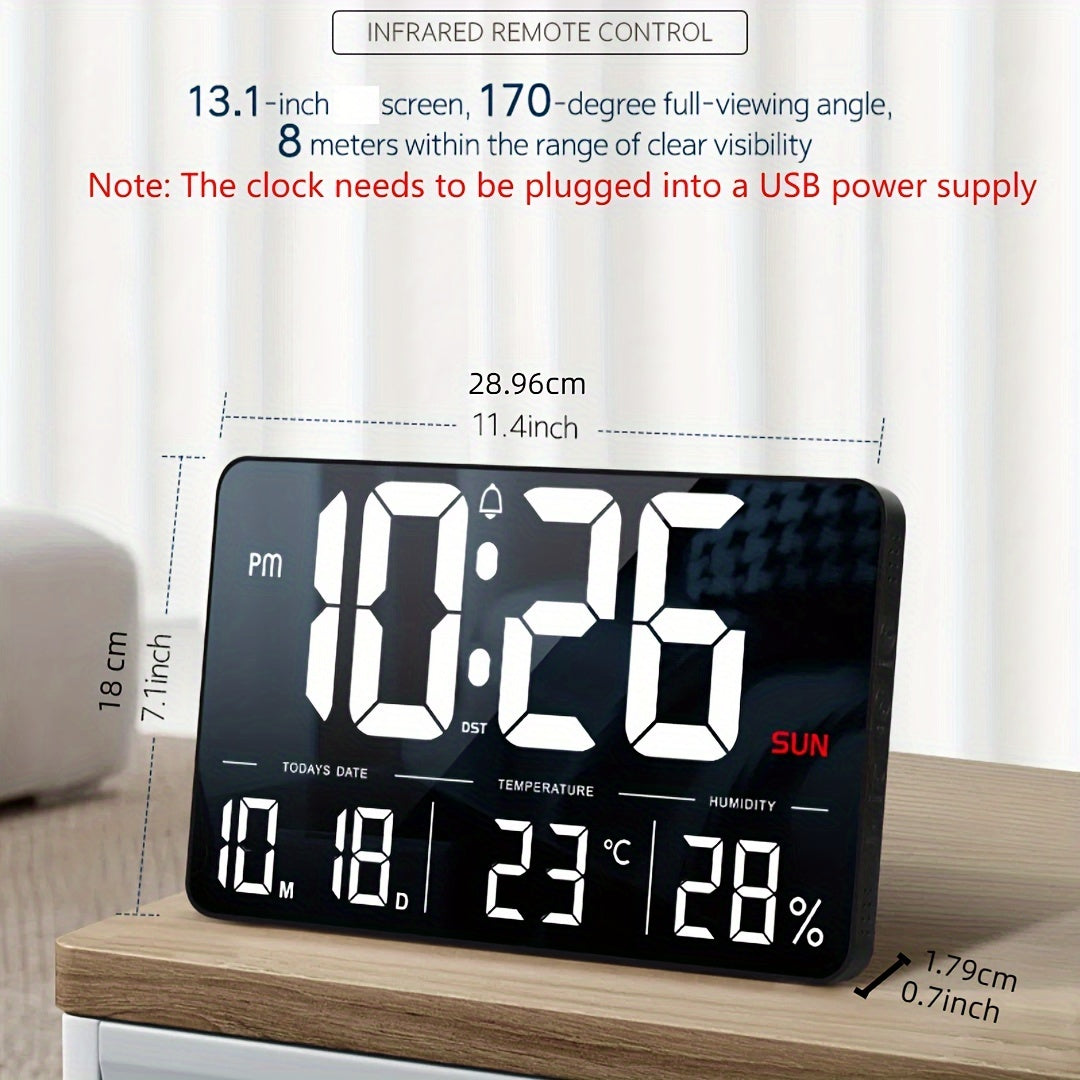 Digital Wall Clock 33.27cm with Remote Control, Adjustable Brightness, Calendar