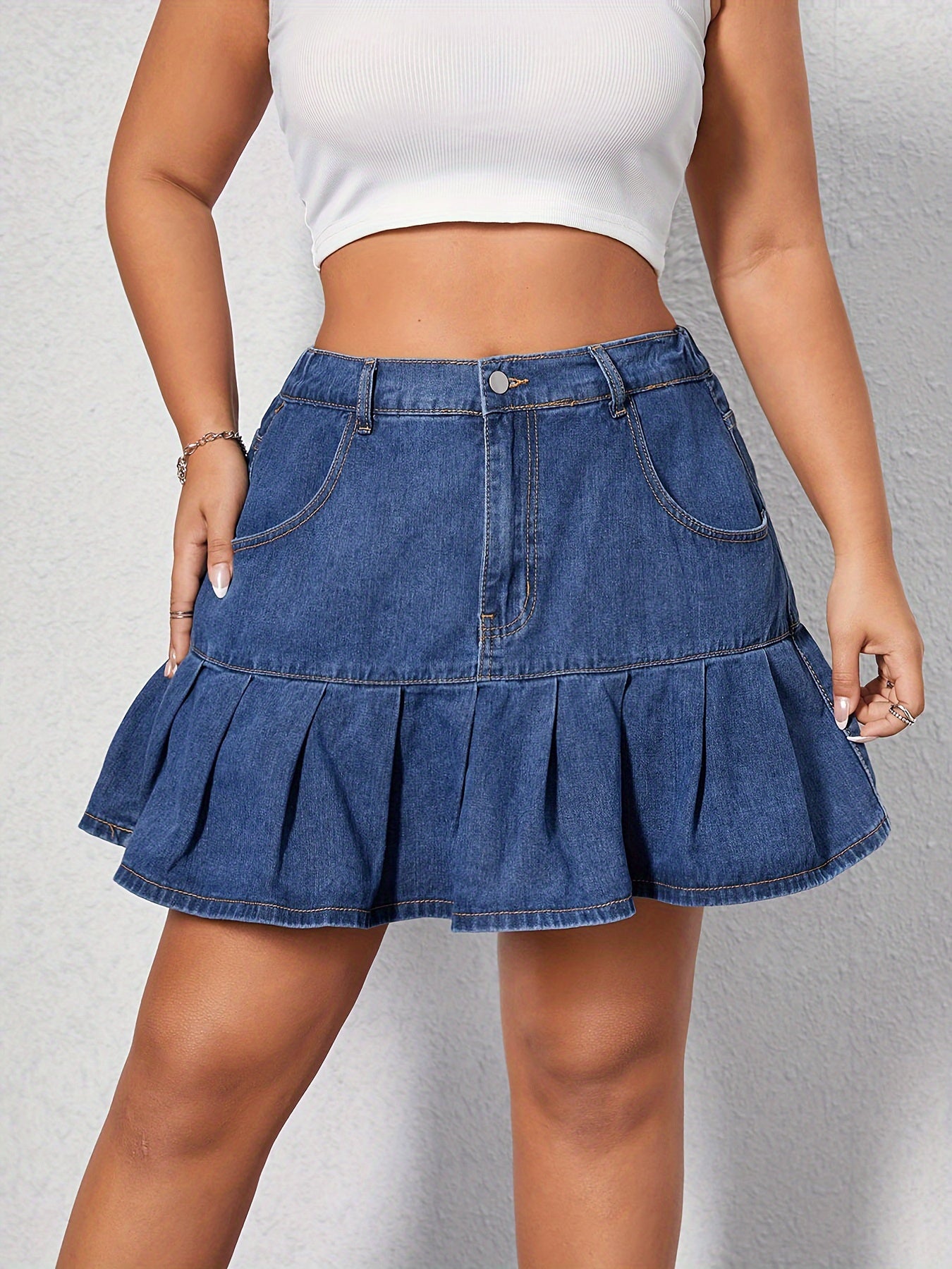 Women's Blue Denim Pleated Skort High-Rise Spring Summer Non-Stretch