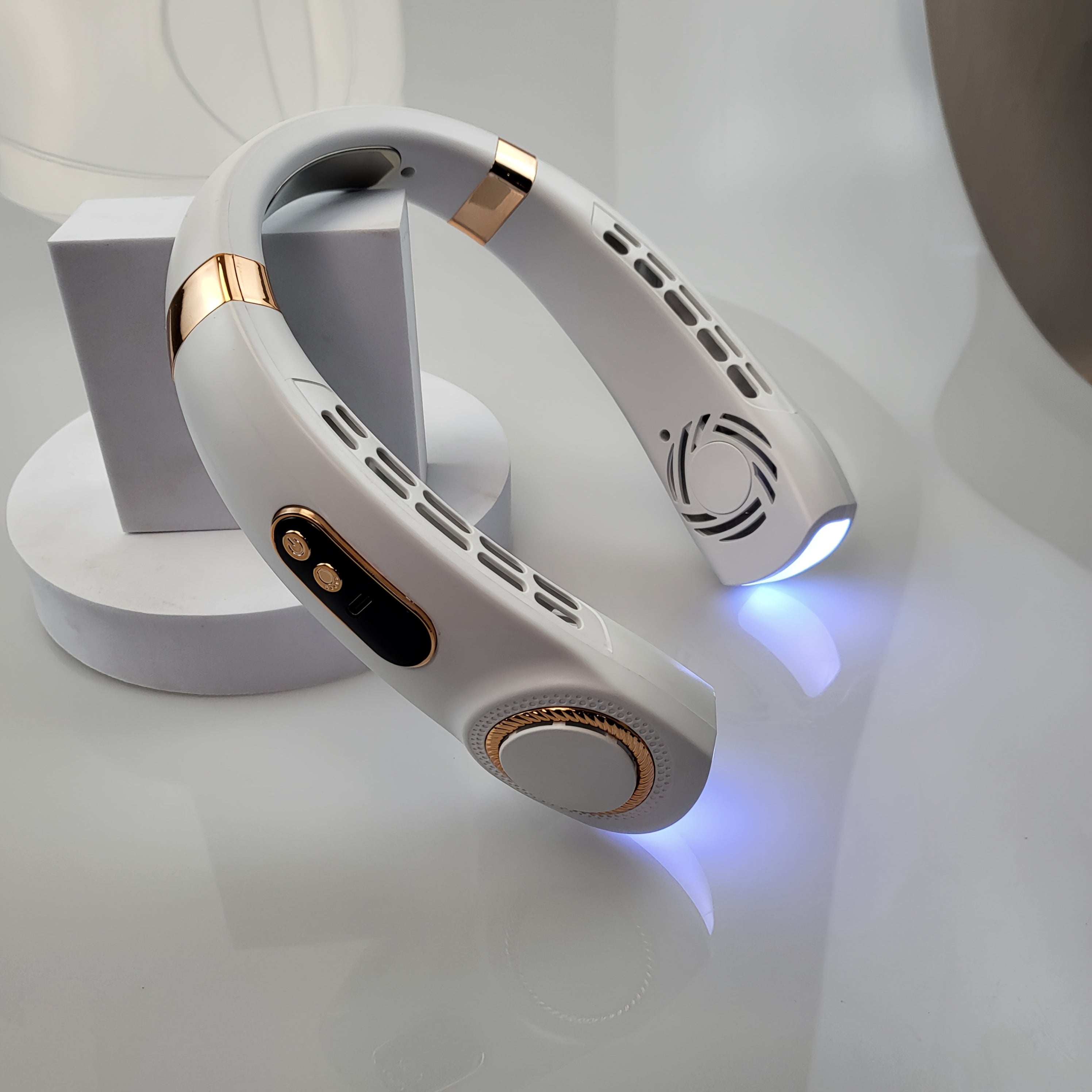 Mini Neck Fan with 5-Speed USB Charging, Colorful LED Lights, 360° Cooling for Outdoor Activities