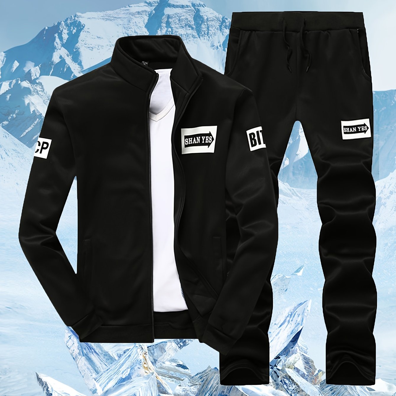 Erkaklar Bahor/Kuz Ko'k Rangli Sport Kostyum To'plami "SPORT" Print bilan, Zip-Up Yengli Kurtka va Joggerlar, 100% Polyesterdan tayyorlangan, Cho'zilmaydigan Matodan, Cho'ntaklar bilan.