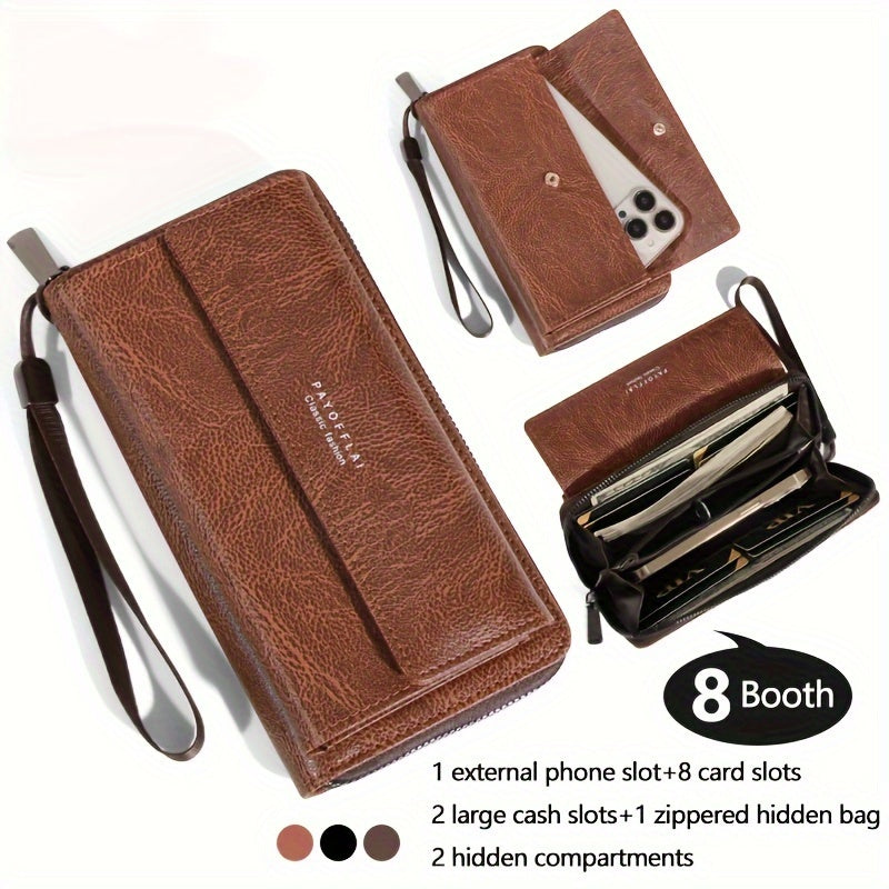 Men's Faux Leather Wallet with Zipper Coin Pocket and Buckle Closure Black Business Card Holder