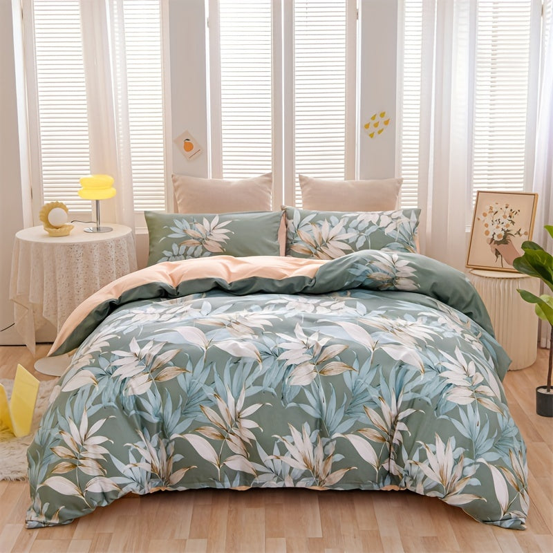 Green Leaf Print Duvet Cover Set with Pillowcases 3 Pieces Soft Polyester for Bedroom