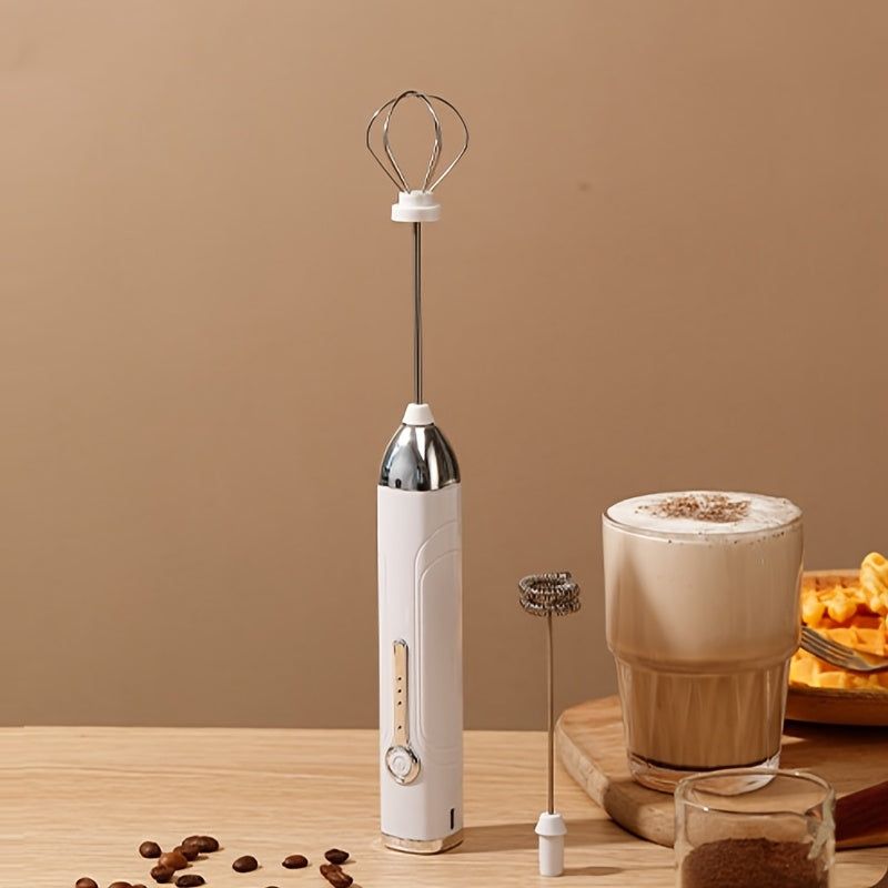 White Handheld Milk Frother with Stainless Steel Whisk and Interchangeable Heads