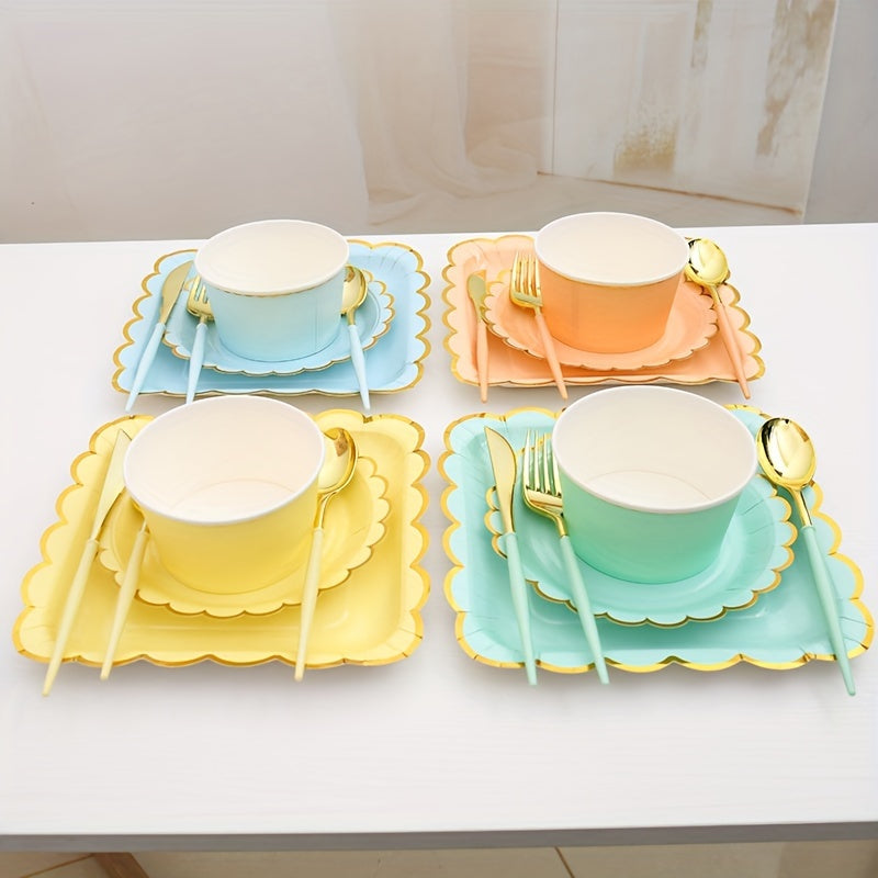 Set of 10 Multi-Colored Gilded Birthday Party Tableware Plates Cups Napkins
