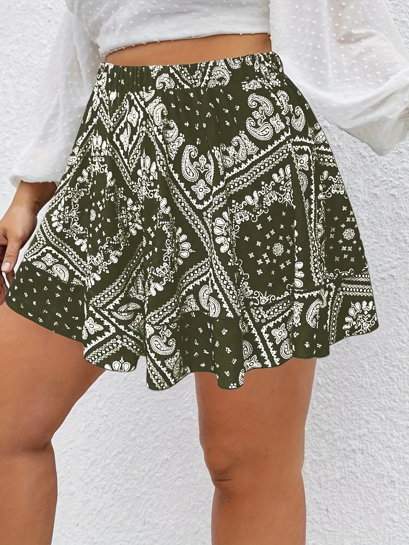 Шорты женские больших размеров с пейсли-принтом и широкими штанинами, стиль для отпуска, всесезонные