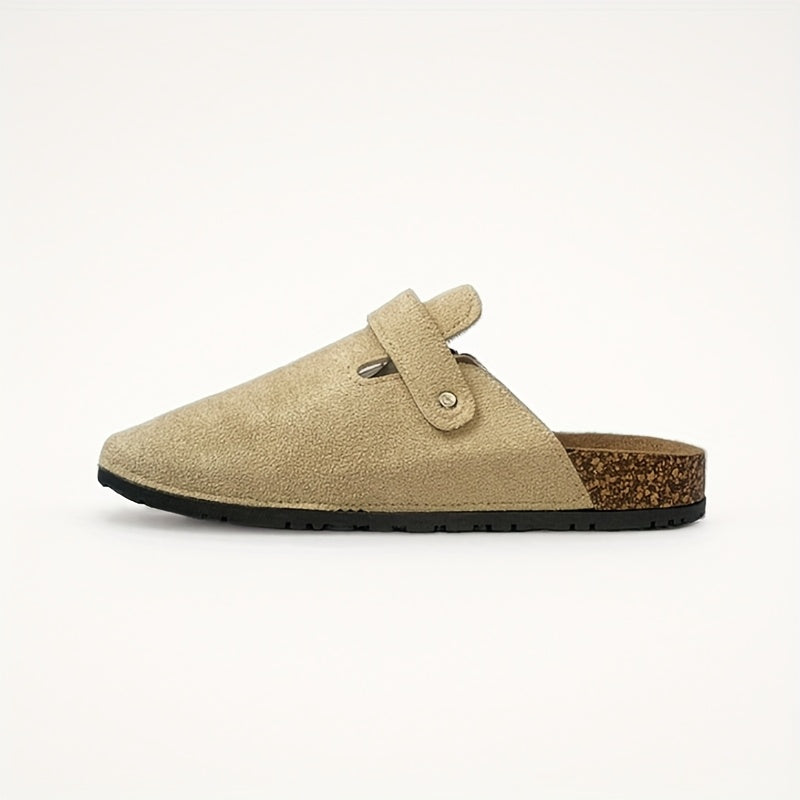 Women's Beige Mules with Buckle Detail Soft Fabric Lining Non-Slip Rubber Sole