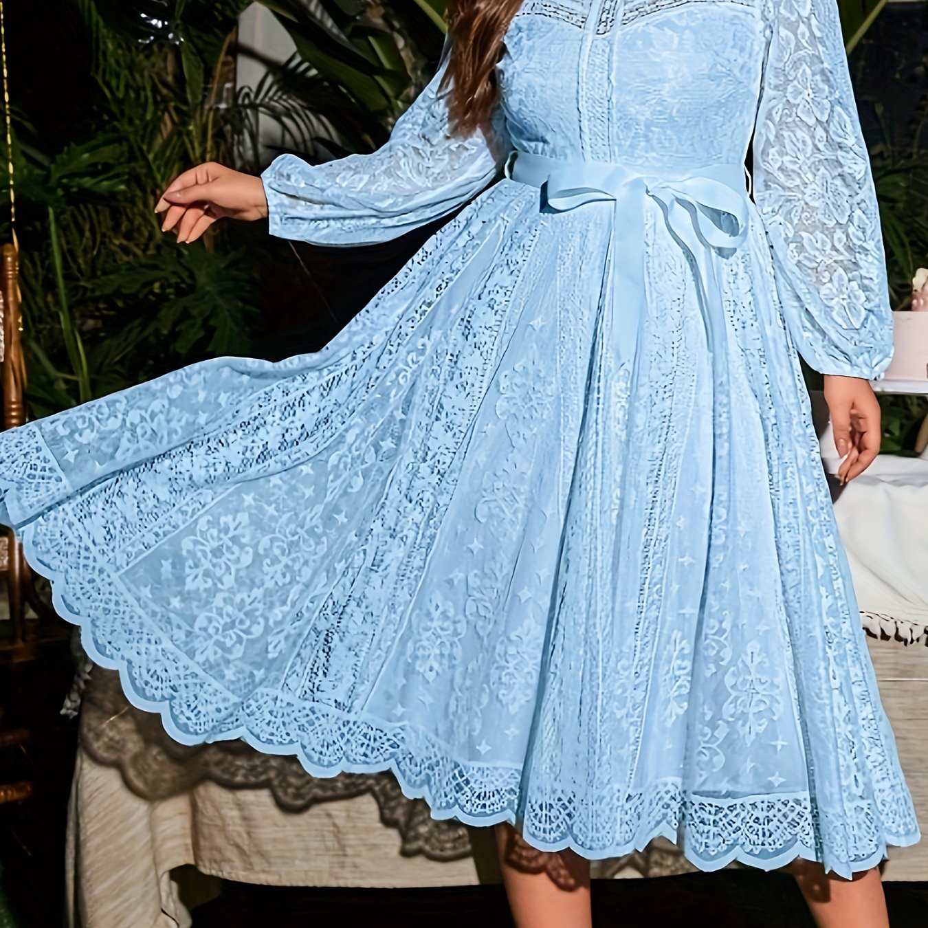 Plus Size Lace Dress for Women with Lantern Sleeves Tie Waist High-Low Hem Polyester