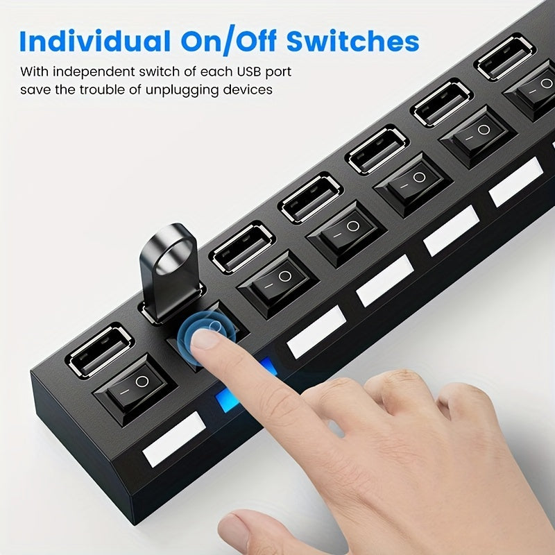 USB 2.0 Hub 7 Ports or 4 Ports with LED Light and Independent Power Switch for Data Transfer