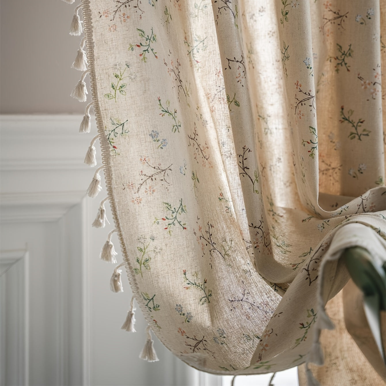 Bohemian Floral Milk-White Linen Curtain with Semi-Shading for Living Room Bedroom Office