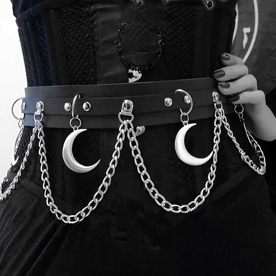 Женский пояс с луной, ремень из искусственной кожи, в стиле панк, цепочка, повседневный пояс для вечеринки, украшение