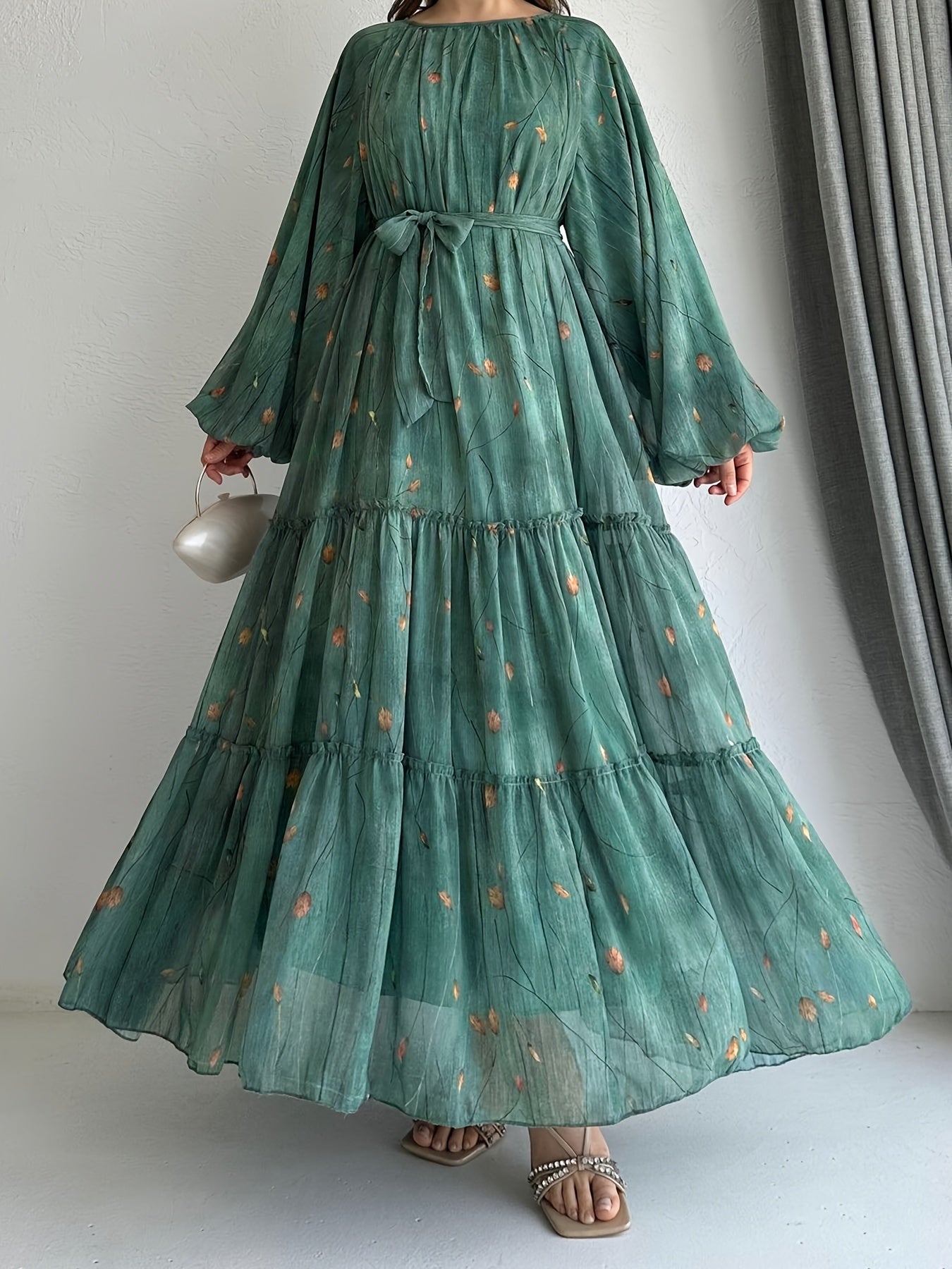 Plus Size Floral Print Belted Dress with Ruffle Hem for Spring and Fall