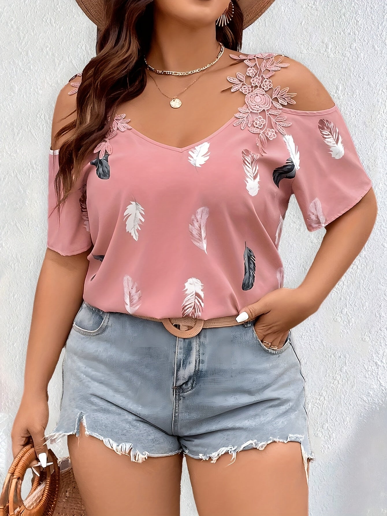 Plus Size Off-Shoulder Shirt With Embroidered Appliqué for Women