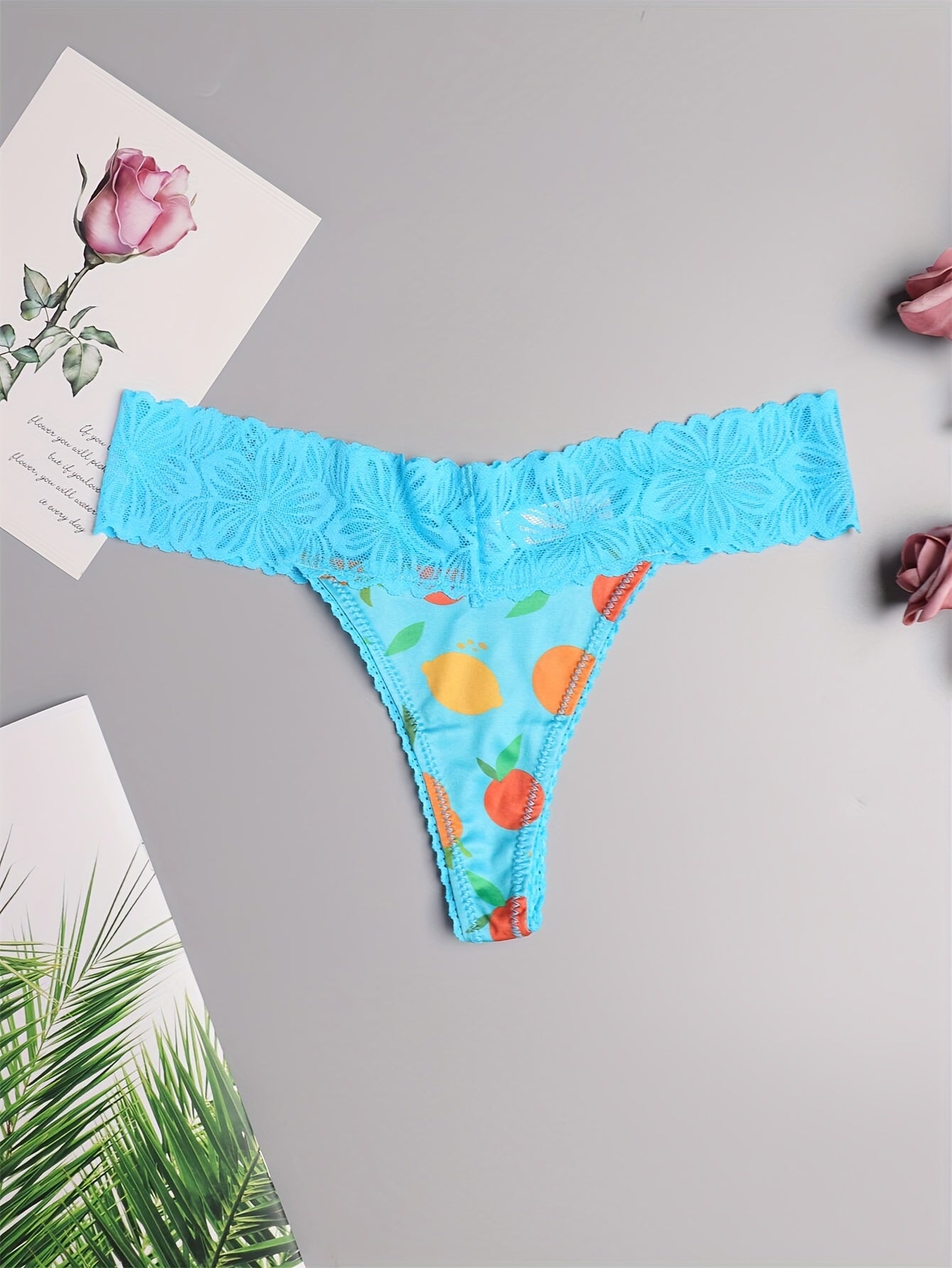 Women's Blue Fruits Print Lace Thong G-String Low Waist Lingerie