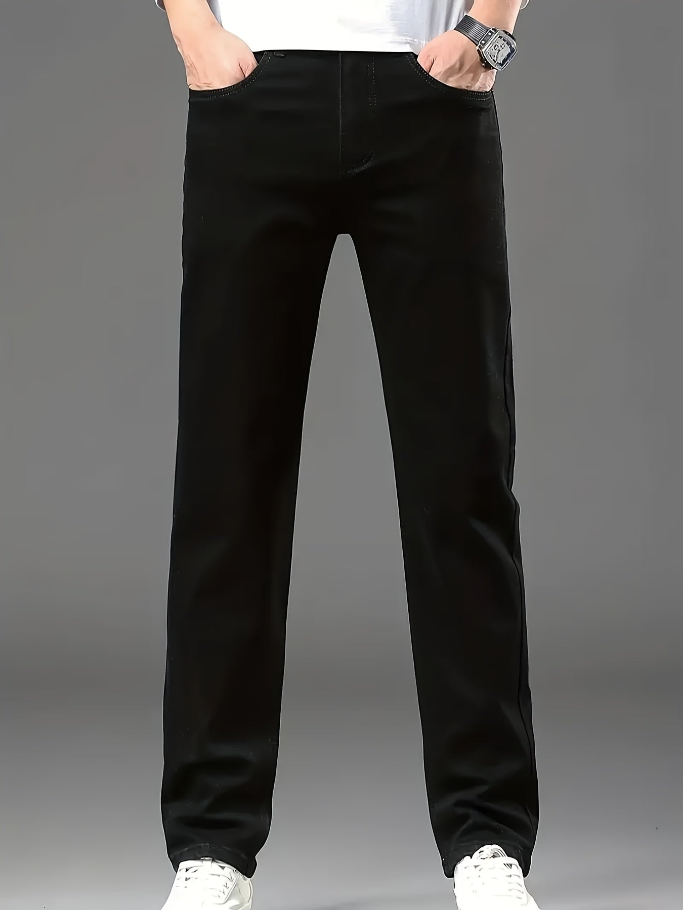 Plus Size Black Stretchy Straight Leg Men's Jeans All-Season Casual Business