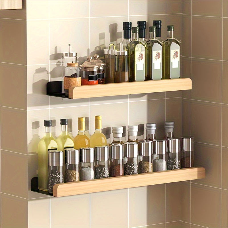 Wood and Metal Wall-Mounted Spice Rack with Hooks for Kitchen Storage