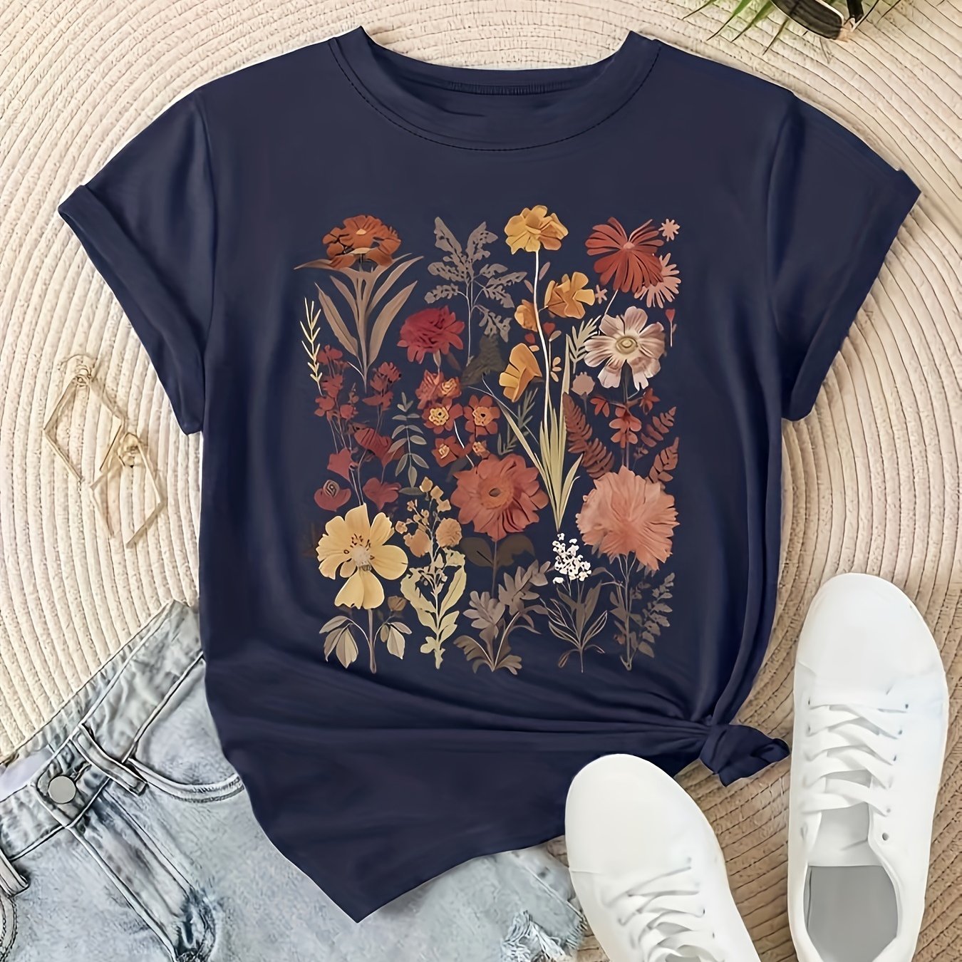 Women's Navy Blue Short Sleeve Floral Print T-Shirt, Casual Relaxed Fit