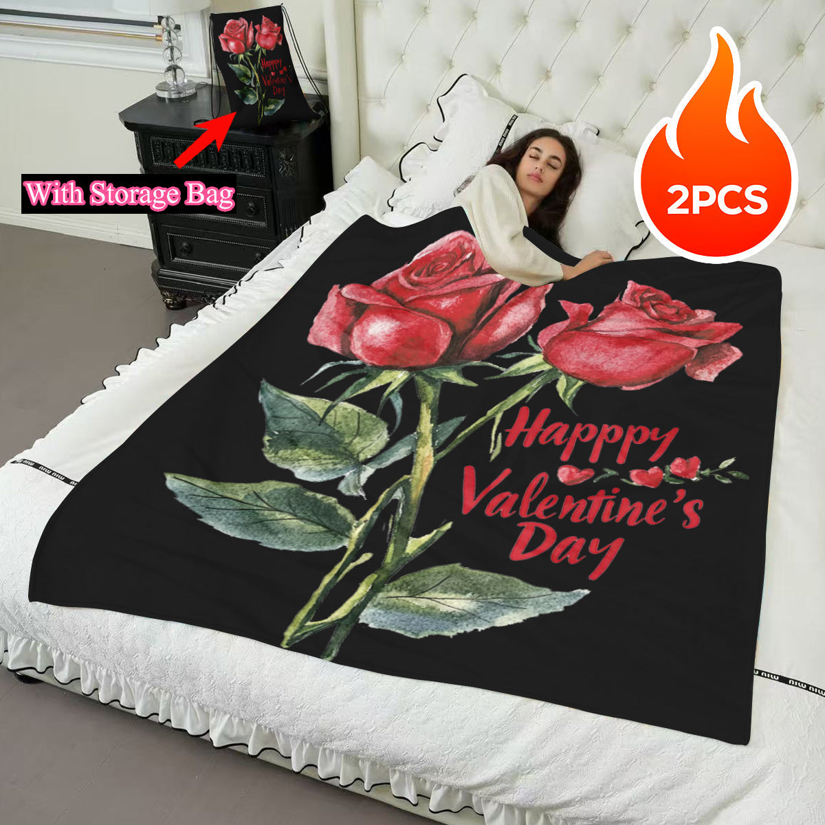 Red Rose Flannel Throw Blanket Set with Reversible Design and Pocket for Cozy Comfort