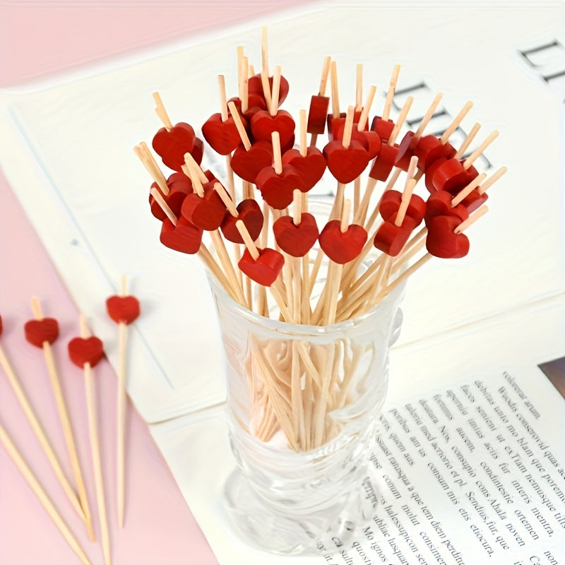 100pcs Red Heart Disposable Bamboo Skewers for Wedding and Party Food