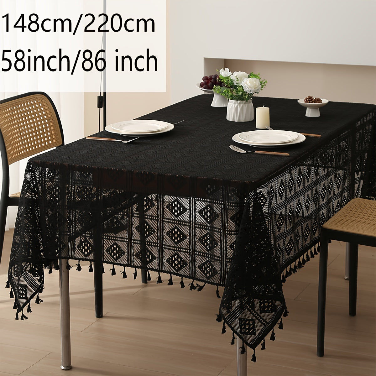 Beige Crochet Tablecloth with Tassels for Home and Party Table Settings