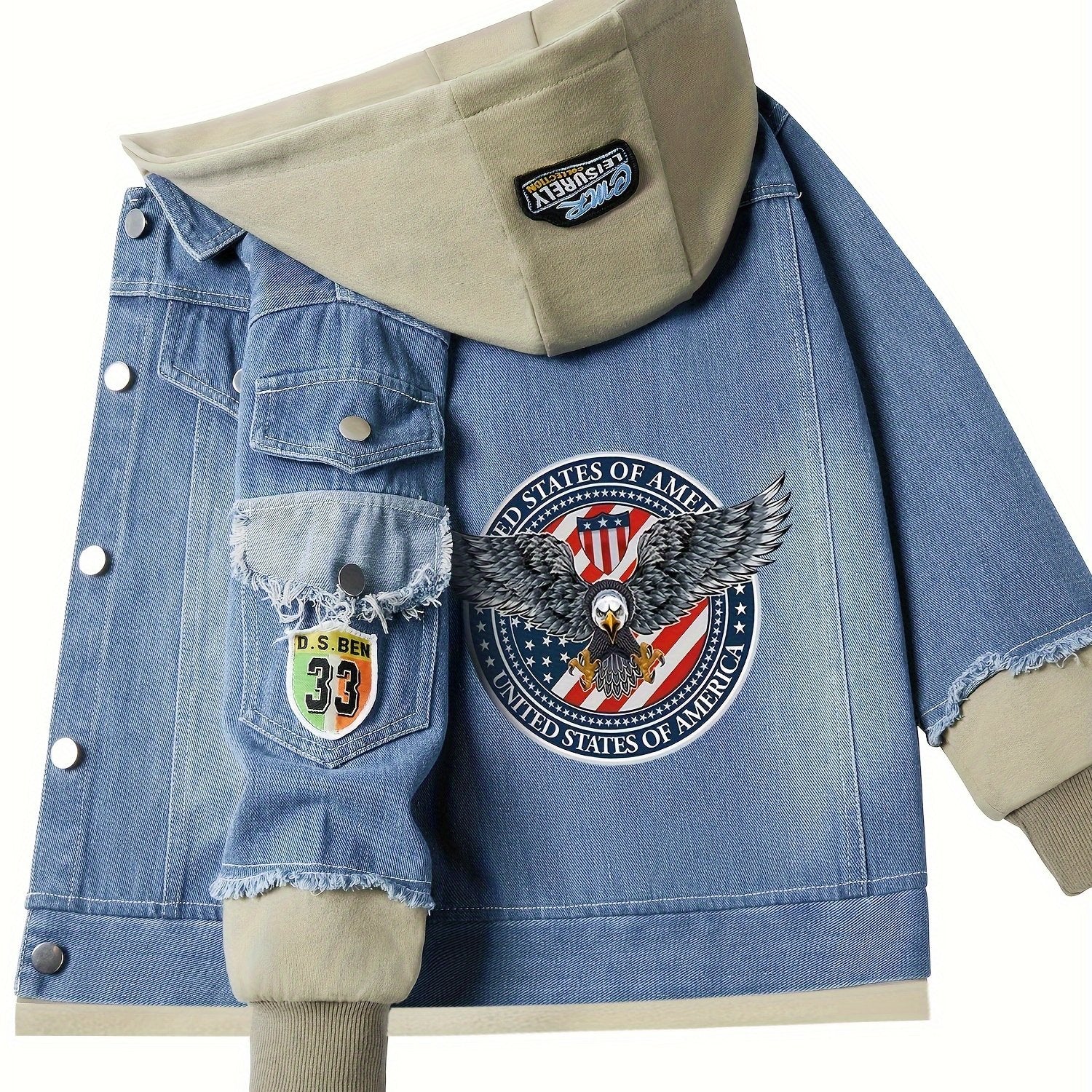 Hooded Denim Jacket for Kids with Cartoon Eagle Design Casual Fall Winter