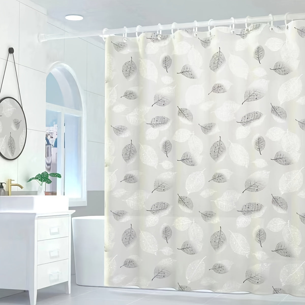 Autumn Leaves Water-Resistant PEVA Shower Curtain with Woven Leaf Pattern and Reinforced Grommets