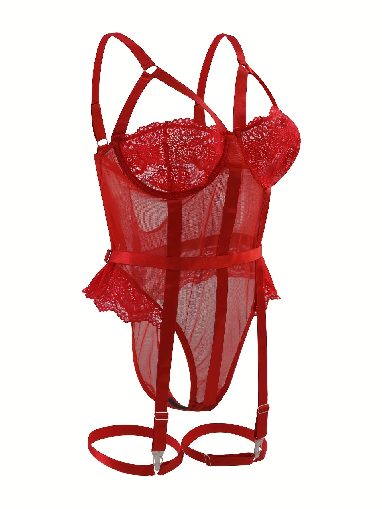 Women's Large Size Lace Bodysuit Garter Belt Leg Rings Set