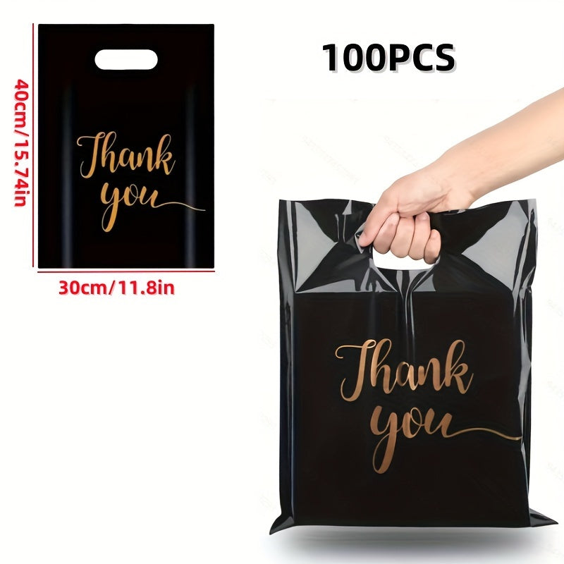 100-Pack Black Water-Resistant PE Thank You Bags with Die Cut Handles for Retail and Gifts