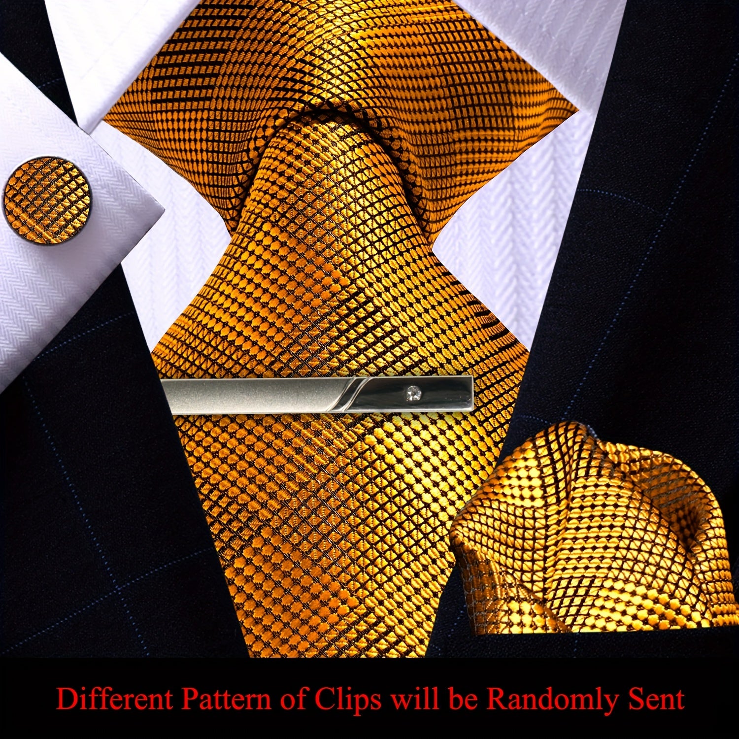 Men's Plaid Tie Pocket Square Cufflinks and Clip Set