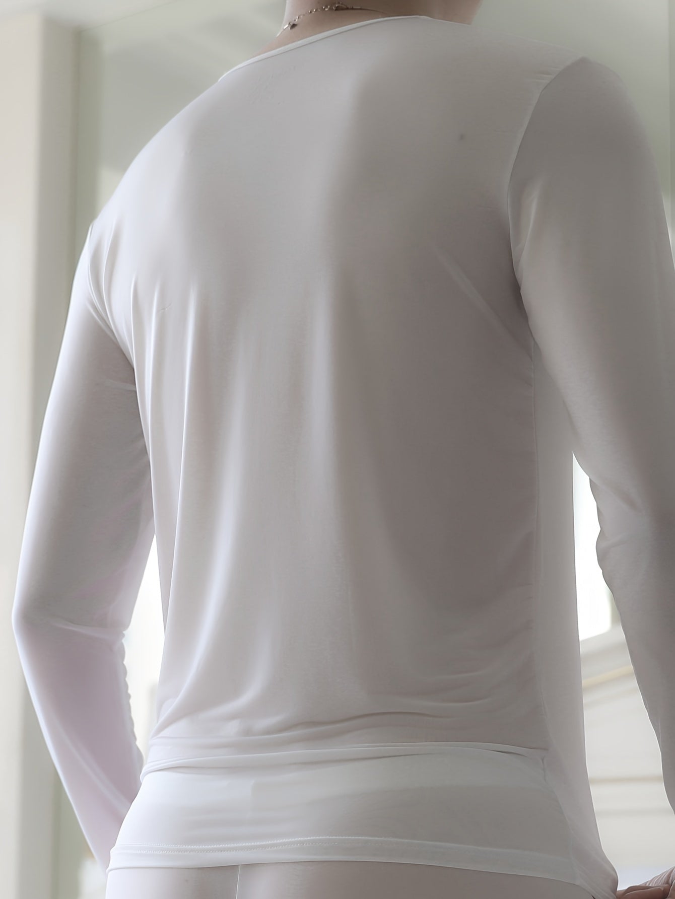 Camiseta de cuello redondo ultra fina para hombre, nylon elastano, color sólido, ajuste ajustado, para todas las estaciones