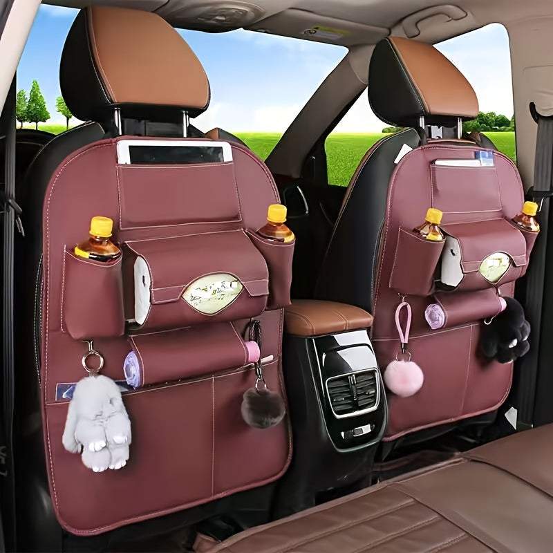 Universal Faux Leather Car Seat Organizer with Foldable Tray and Multiple Pockets