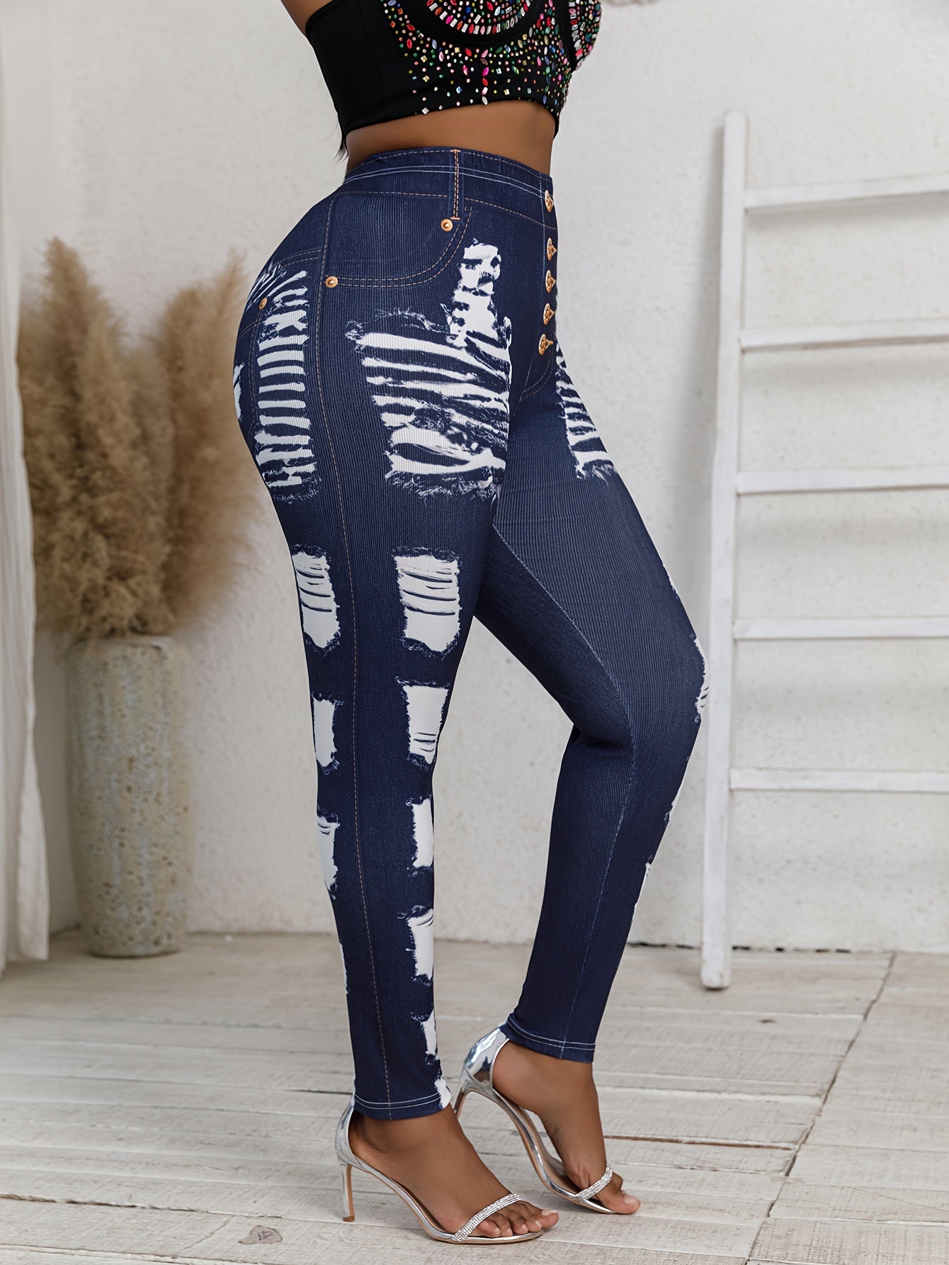 Plus Size Women's Imitation Denim Jogger Pants High-Waisted Skinny Fit Casual