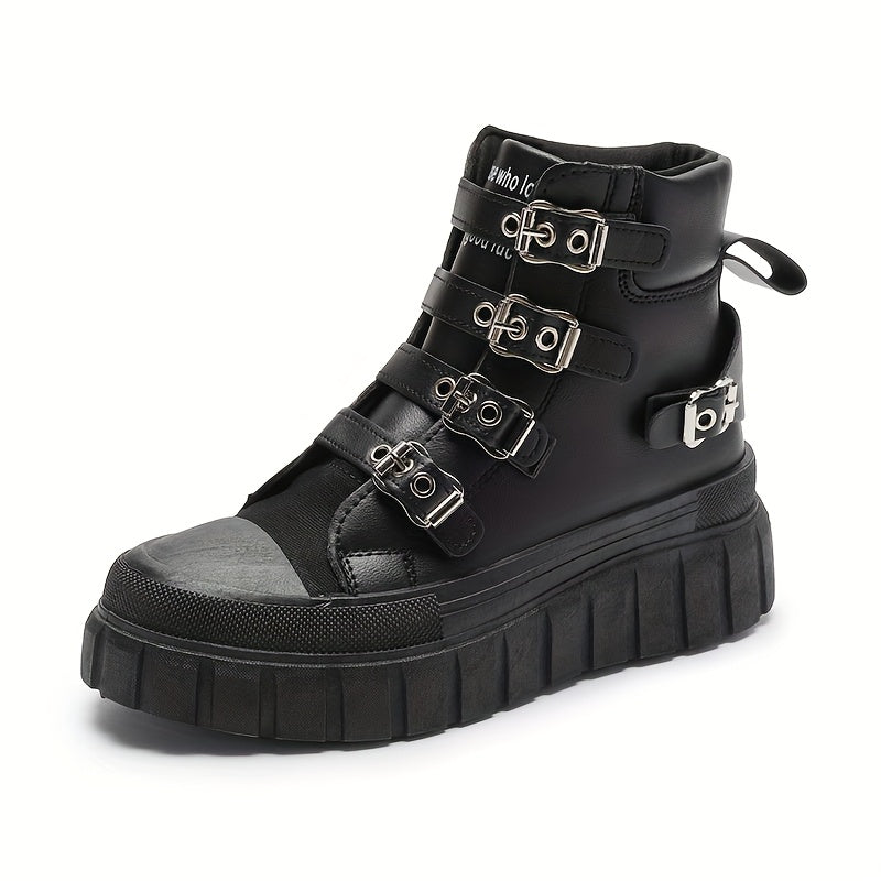 Women’s Black Motorcycle Boots with Metal Buckles and Thick Sole