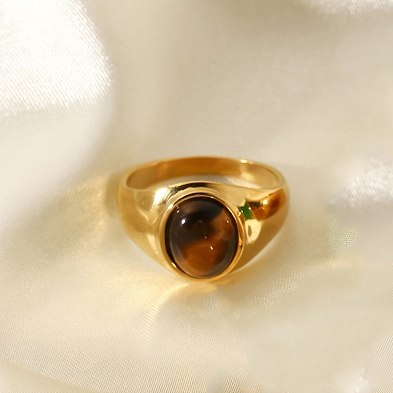 Vintage Gold Wide Ring with Brown Glass Oval Accent for Formal and Casual Wear