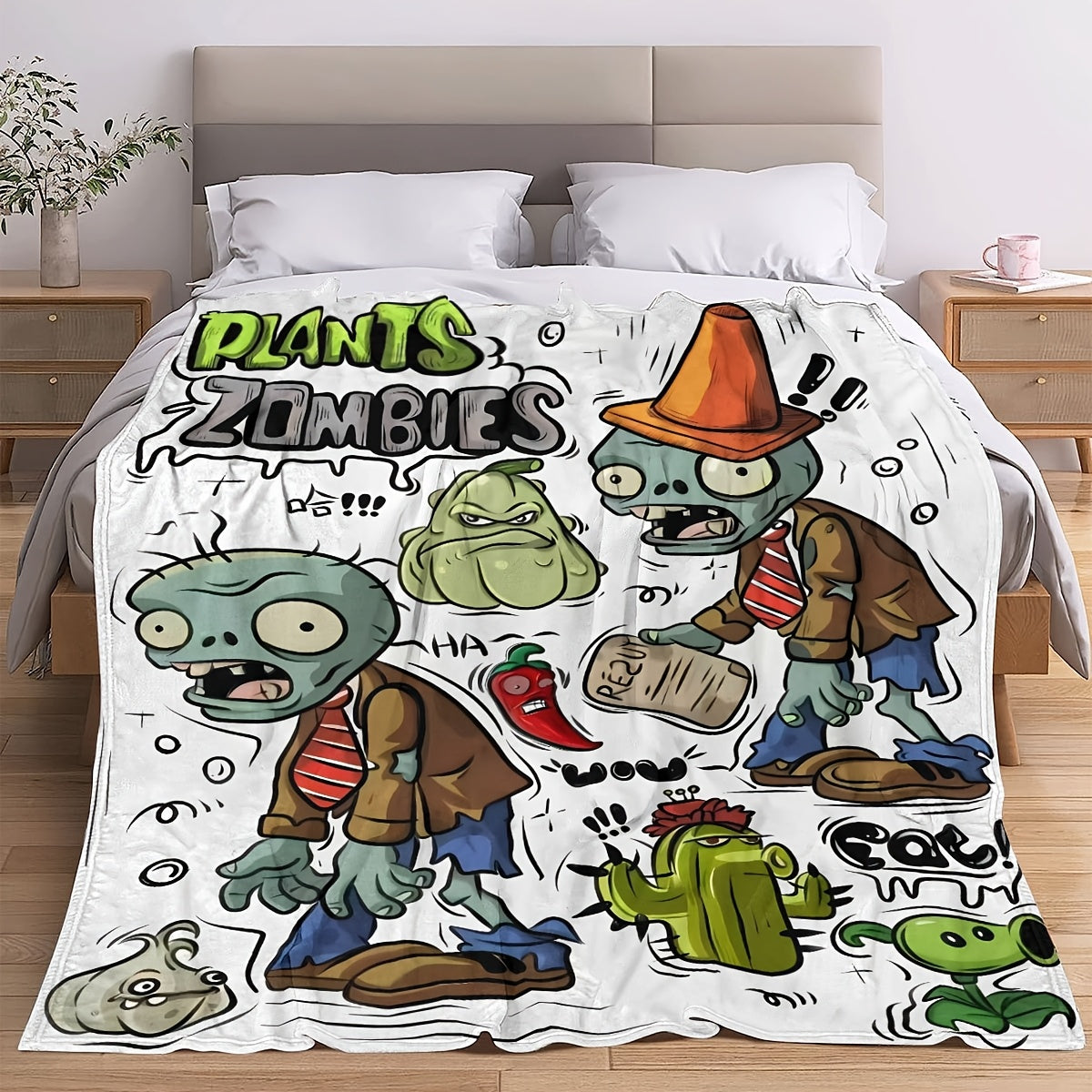 Cozy Flannel Throw Blanket with Plant and Zombie Design for Couch Bed Office Travel