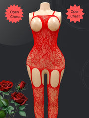Women's Lingerie One-Piece Set with Mesh Open Design and Crotchless Stockings